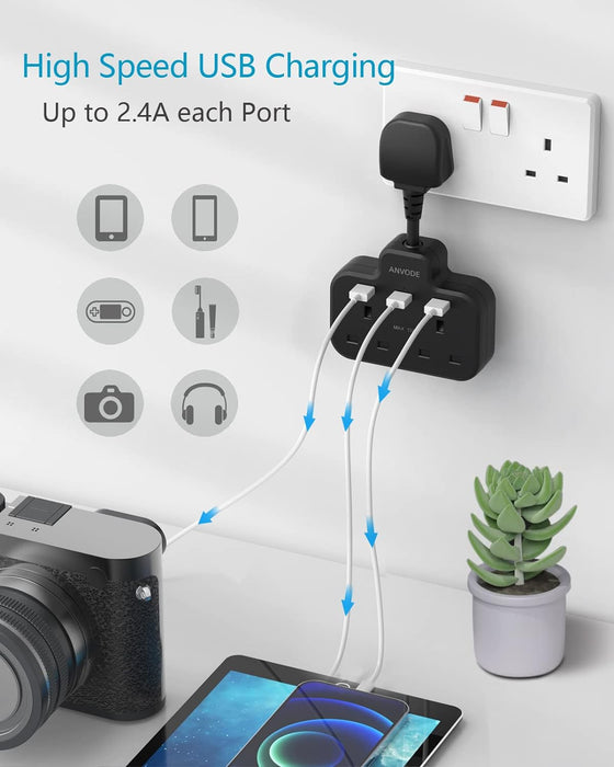 Multi Plug Extension Lead Short Cable with 3 USB Ports,  2 Way Plug Adaptor with Flexible Plug, Extension Wall Sockets Adapter for Bedroom, Office and Kitchen (Black)