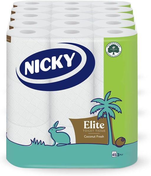 Elite Coconut Fresh Toilet Tissue - 45 Rolls of White Toilet Paper, 168 Sheets per Roll, 3-Ply, Exotic Coconut Scent, Softeness and Comfort to the Skin, 100% FSC Certified Paper, Easy Open Pack