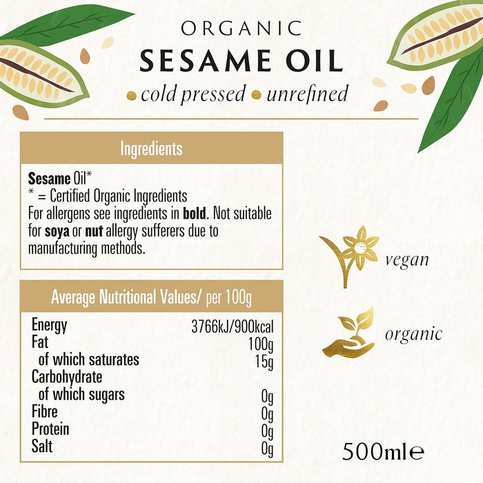 Organic Sesame Seed Oil, 500Ml - from Organic Sesame Seeds - Cold Pressed and Unrefined - Delicate Nutty Flavour - Multi-Purpose Oil