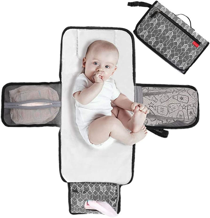 Portable Nappy Changing Mat Travel Baby Change Mat with Wipe-Pocket and Head Cushion, Grey