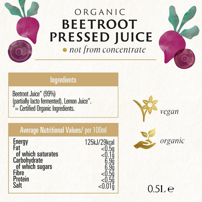 Organic Beetroot Juice 500Ml, Pack of 12 - Not from Concentrate - Pure, Pressed Beet Juice - Freshly Harvested by Organic Farmers - Ideal for Smoothies & Breakfast - Vegan