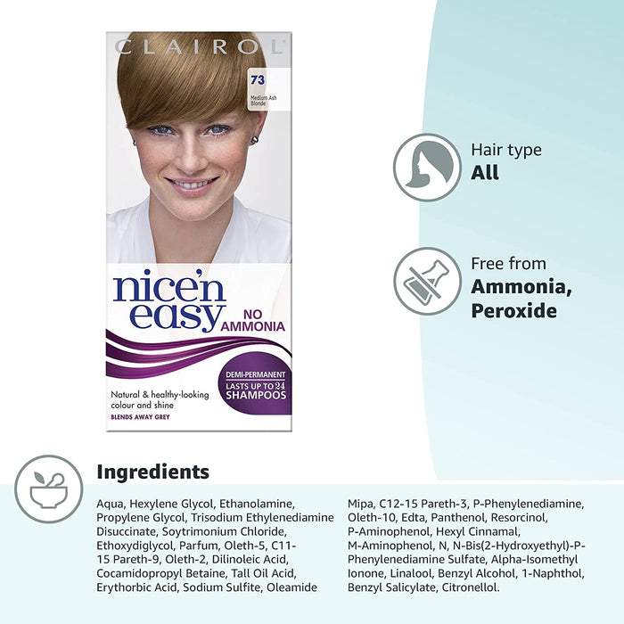 Nice'N Easy No Ammonia Hair Dye, 73 Ash Blonde, 1 Count (Pack of 1)