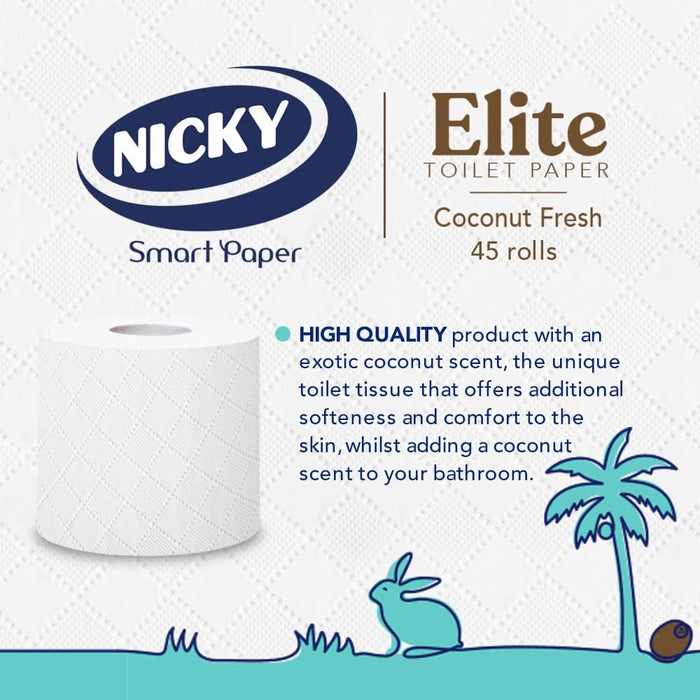 Elite Coconut Fresh Toilet Tissue - 45 Rolls of White Toilet Paper, 168 Sheets per Roll, 3-Ply, Exotic Coconut Scent, Softeness and Comfort to the Skin, 100% FSC Certified Paper, Easy Open Pack