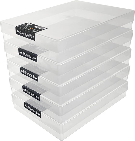 A4 Transparent Plastic Craft Storage Boxes with Lids for Art Supplies, Paper and Card - 3.6 Litre Volume (Pack of 5)