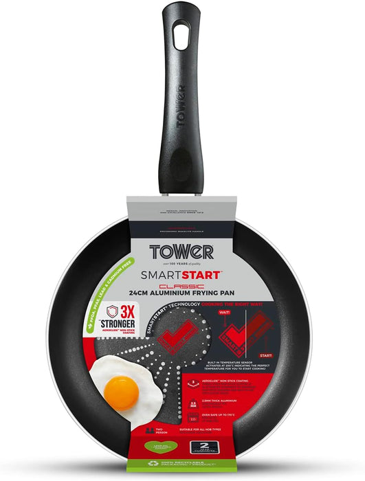 T700300 Smartstart Classic 24Cm Aluminium Frying Pan with Easy Clean Aeroglide Non-Stick, Oven Safe, Long Lasting, PFOA Free, Black