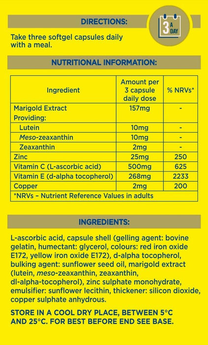 Gold – 30 Day Pack, Eye Health Food Supplement Containing Lutein, Zeaxanthin and Meso-Zeaxanthin, and Zinc Which Supports Normal Vision